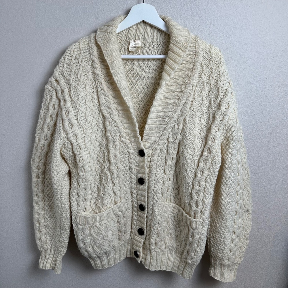 The Shetland Connection Hand Knitted Scotland Cable Knit Cardigan L Cream Wool